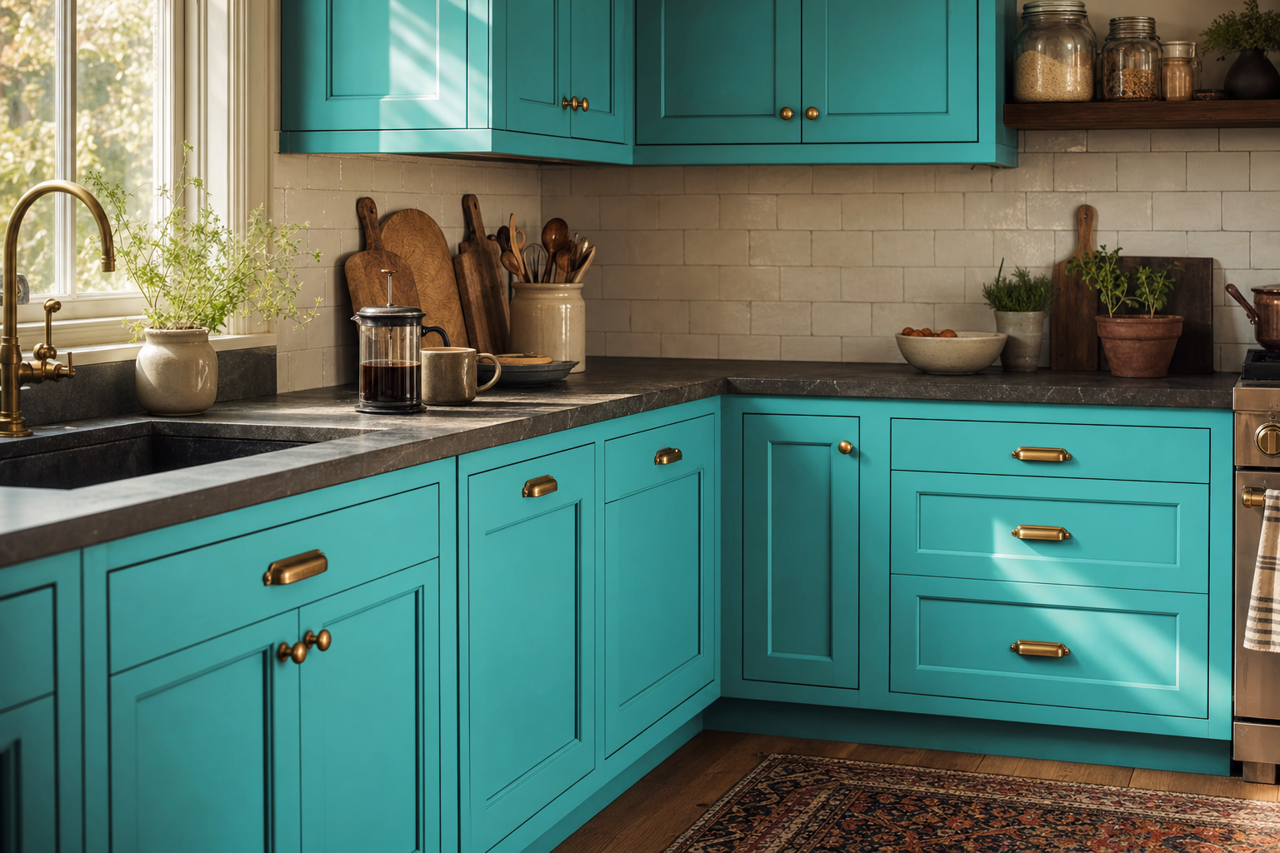 Palm Coast Teal by Benjamin Moore on cabinets