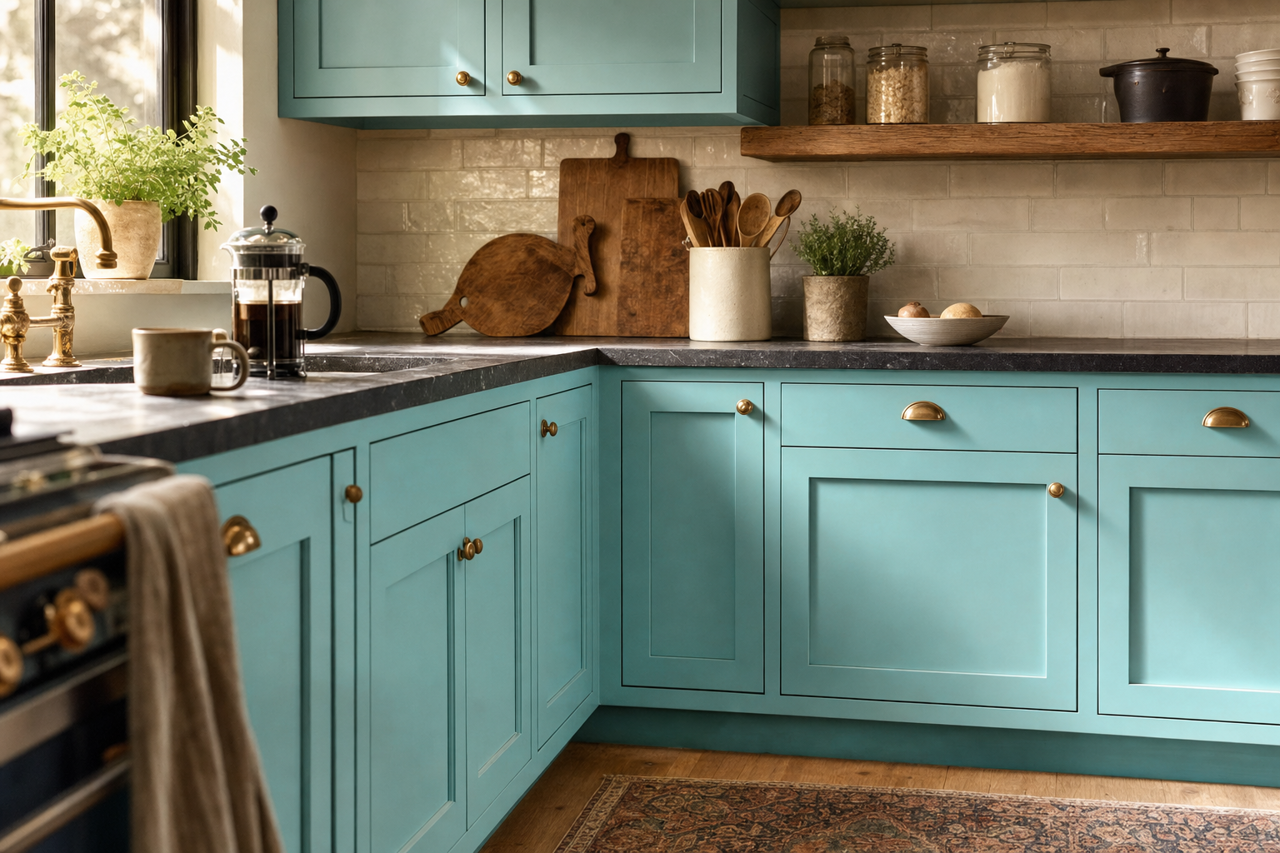 Un-Teal by Benjamin Moore on cabinets