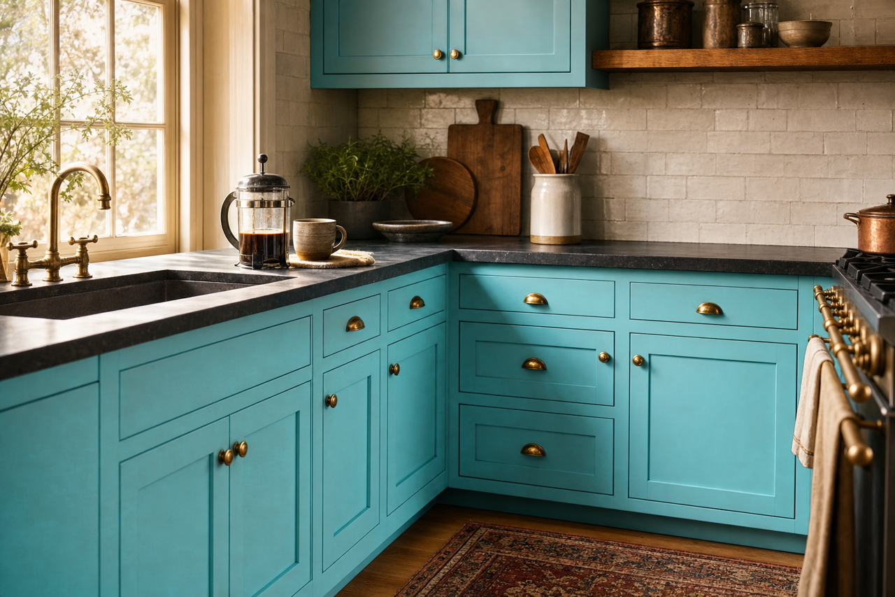 Harbor Side Blue by Benjamin Moore on cabinets
