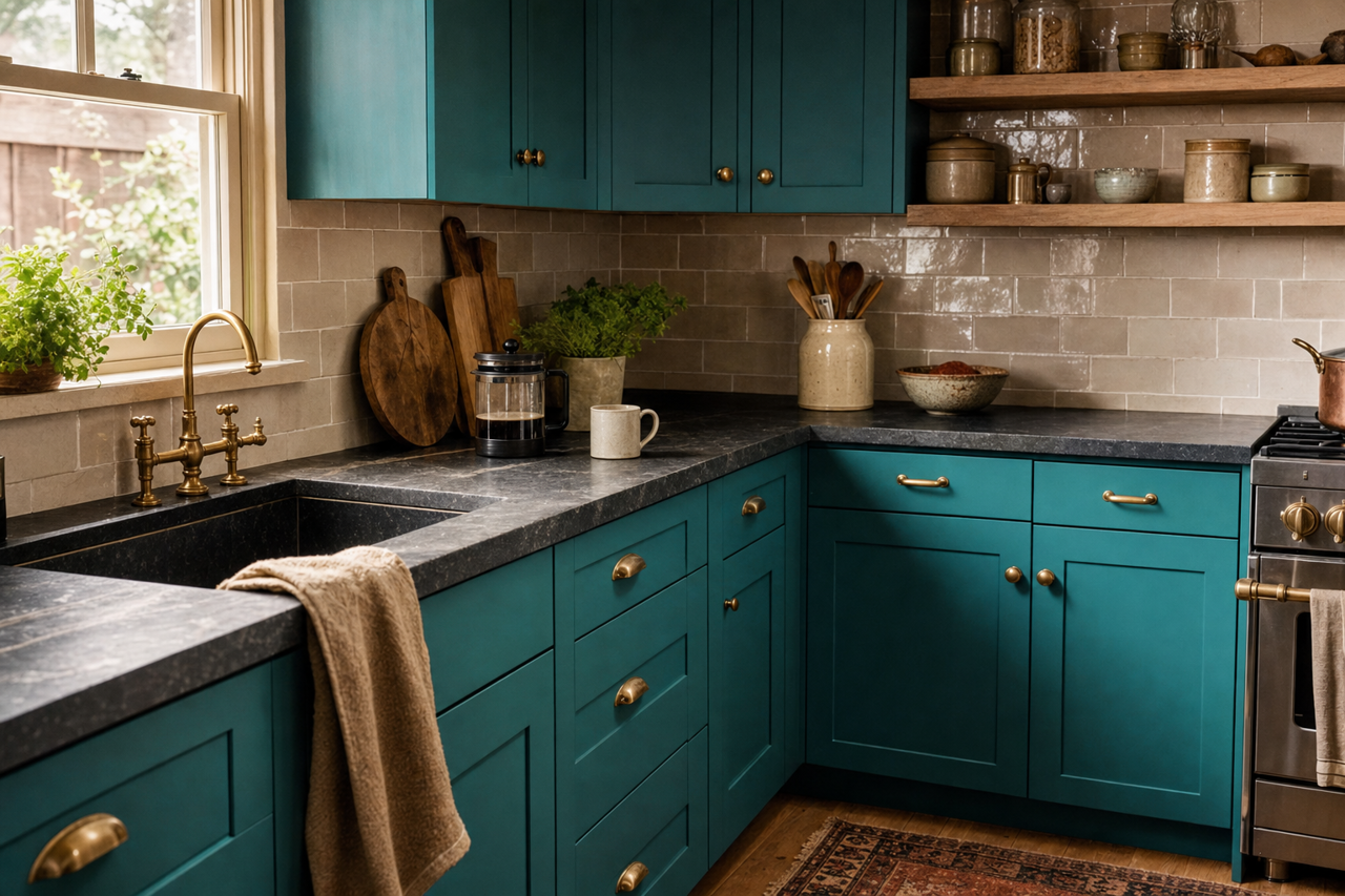 Largo Teal by Benjamin Moore on cabinets