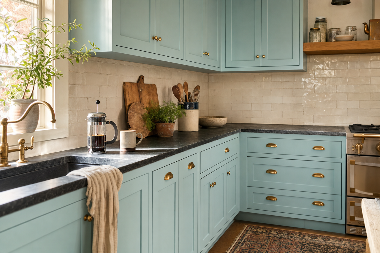 Indigo by Benjamin Moore on cabinets