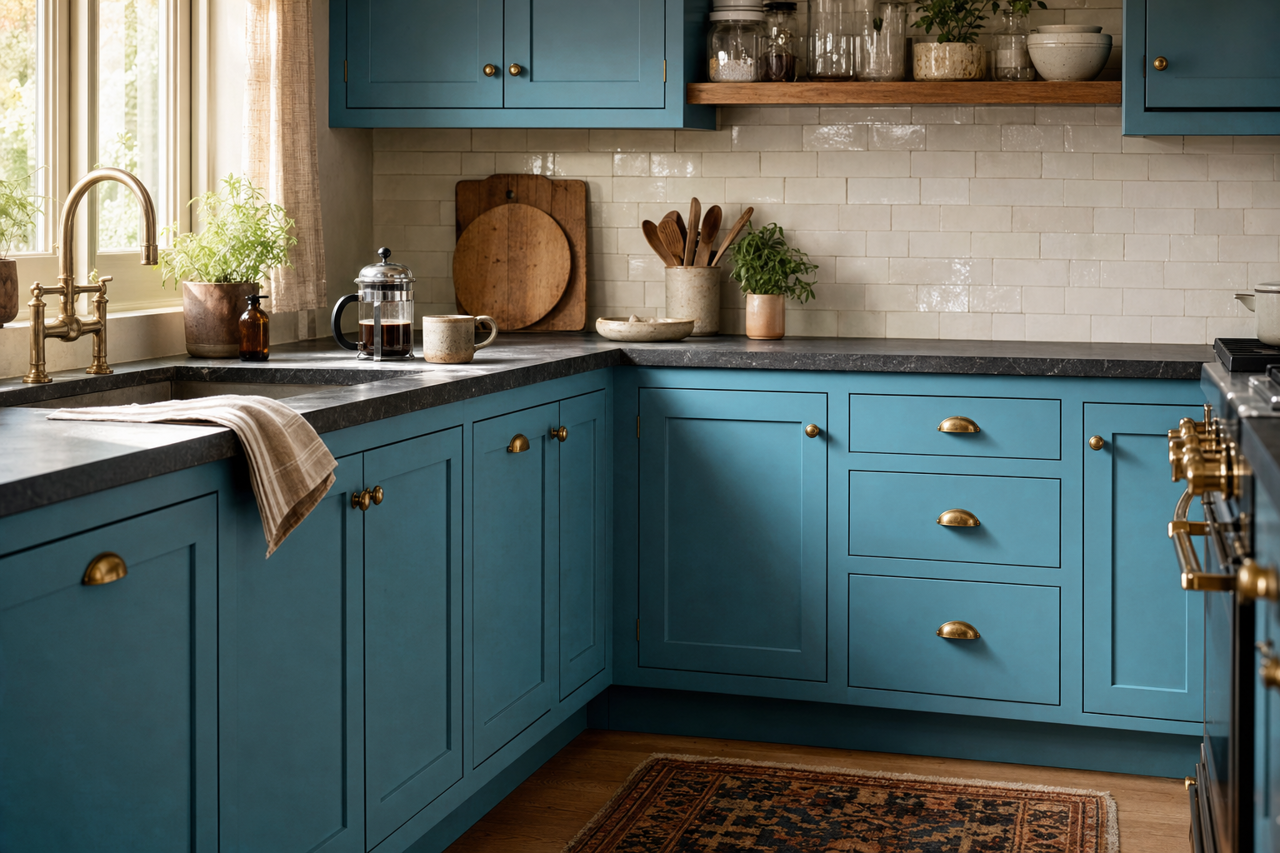 Blue Toile by Benjamin Moore on cabinets