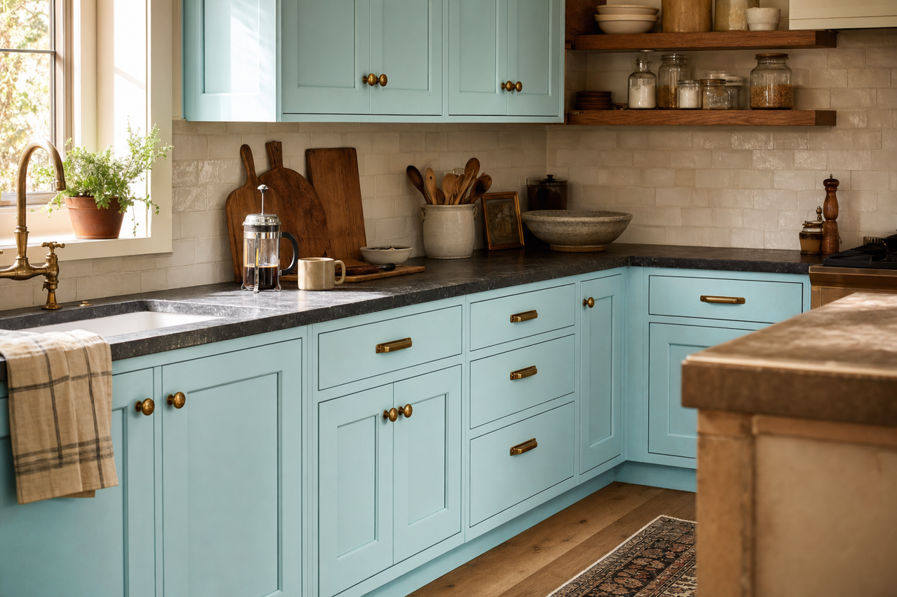 California Breeze by Benjamin Moore on cabinets