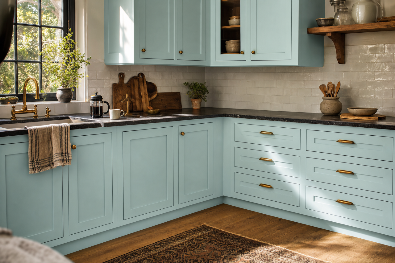 Skyscraper by Benjamin Moore on cabinets