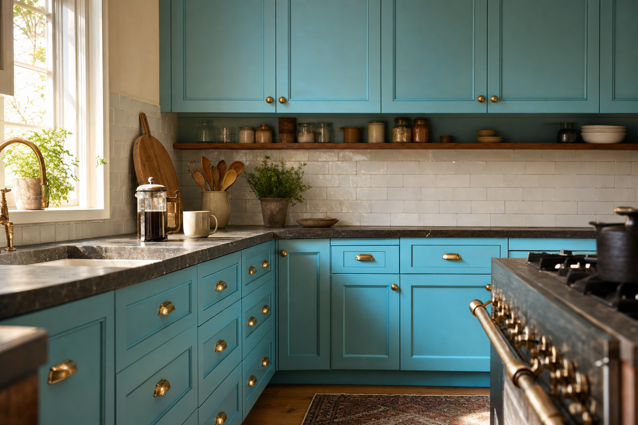 Atlantis Blue by Benjamin Moore on cabinets