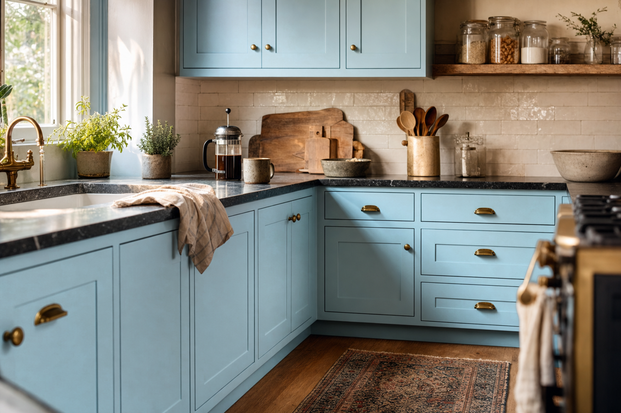 Hawaiian Breeze by Benjamin Moore on cabinets