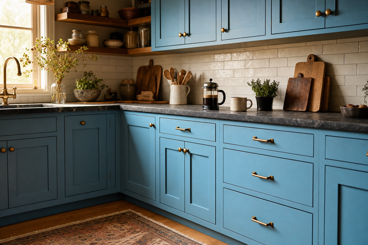 I've Got the Blues by Benjamin Moore on cabinets