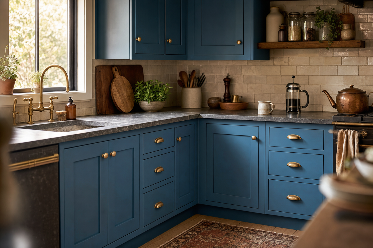 Santa Monica Blue by Benjamin Moore on cabinets