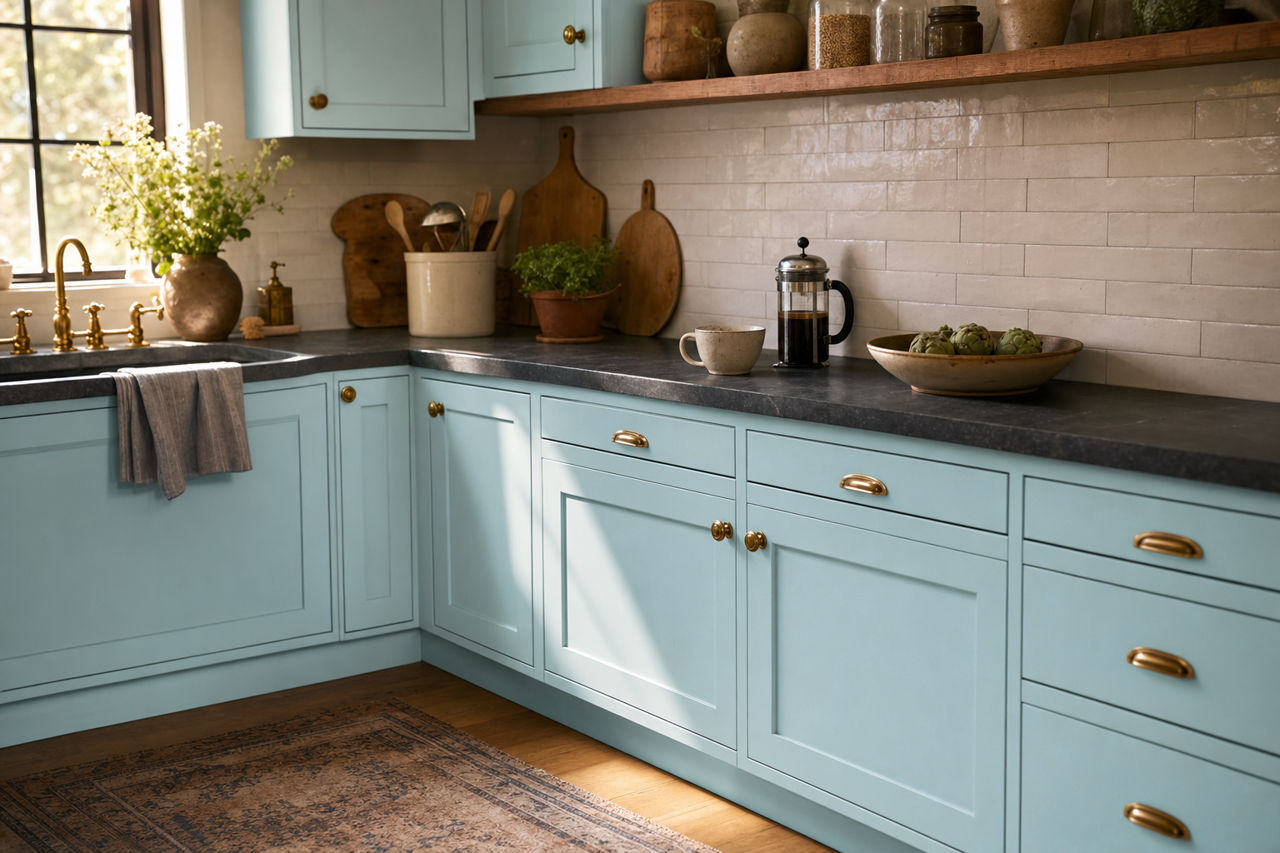 Skylark by Benjamin Moore on cabinets