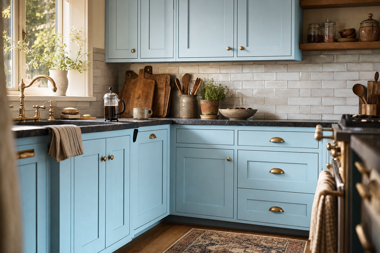 Crisp Morning Air by Benjamin Moore on cabinets