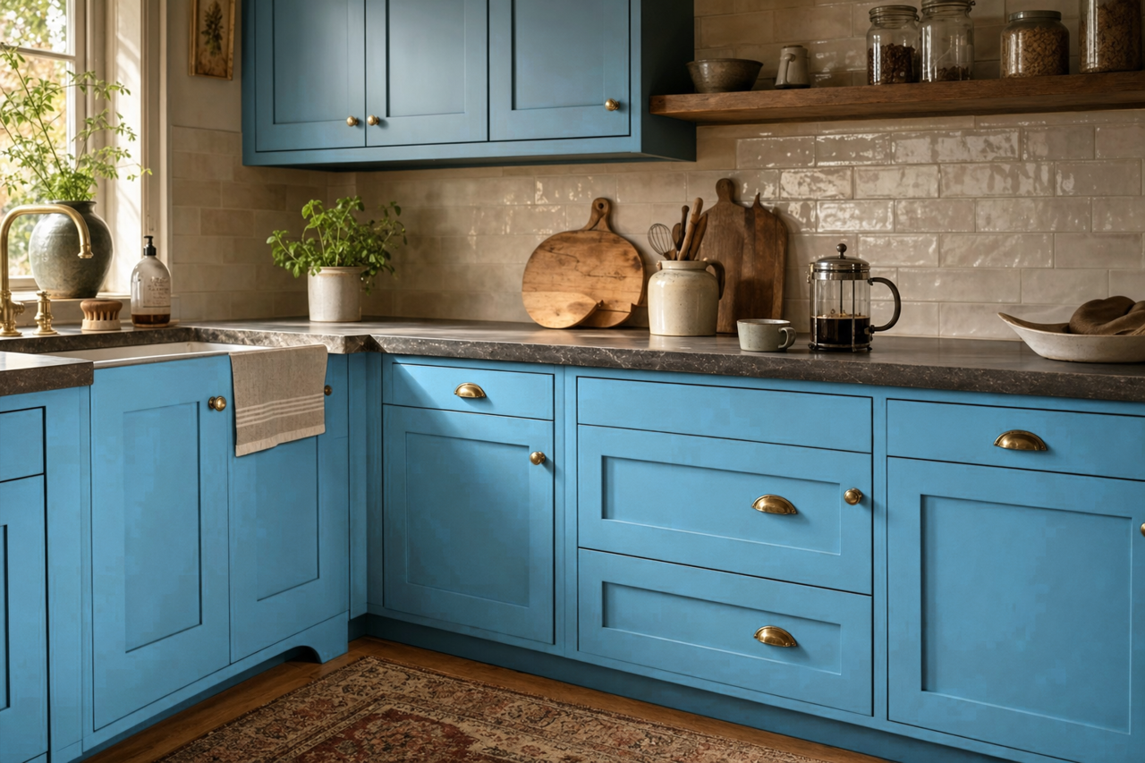 Blue Belle Islands by Benjamin Moore on cabinets