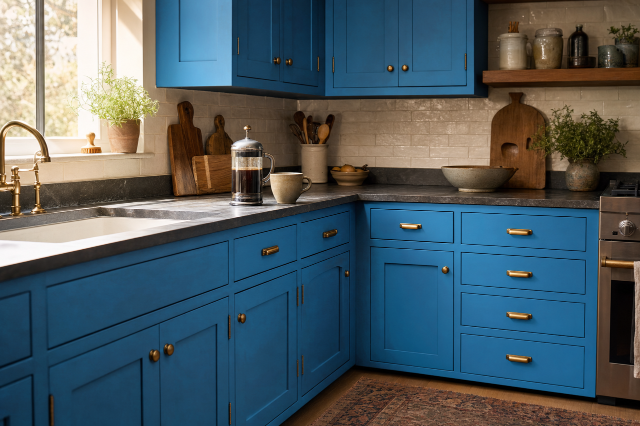 Blue by Benjamin Moore on cabinets