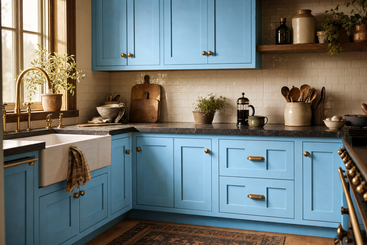 Aquarius by Benjamin Moore on cabinets