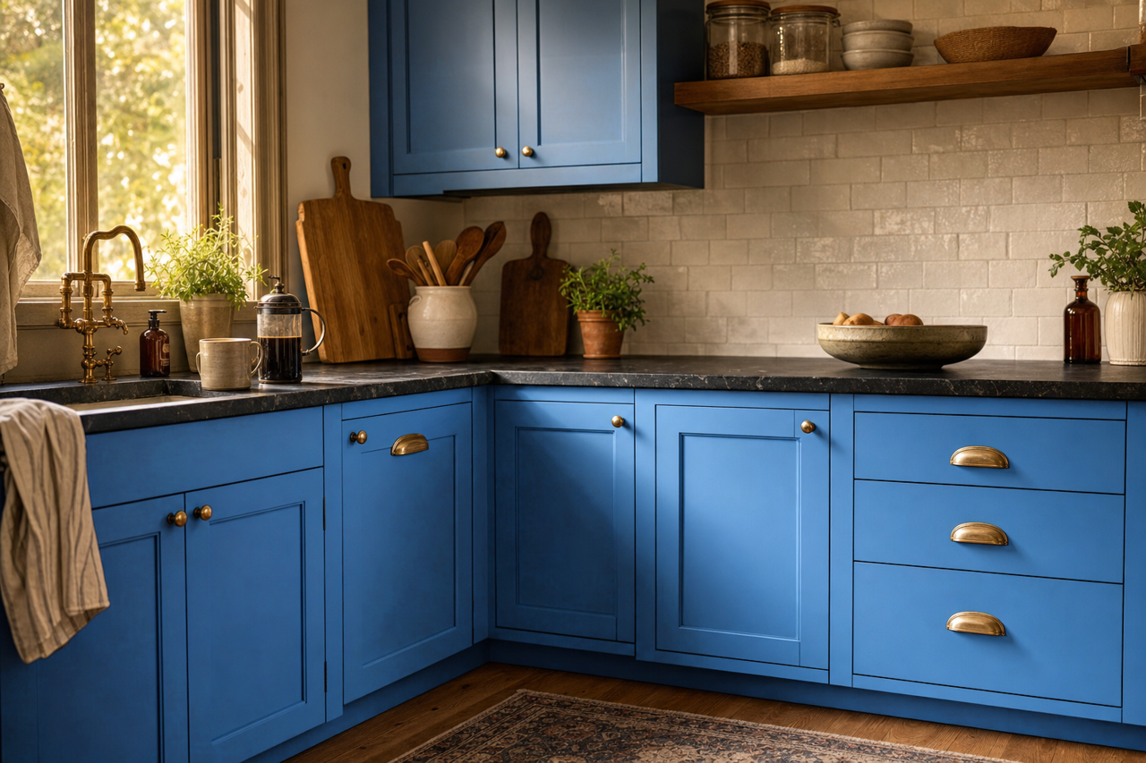 Athens Blue by Benjamin Moore on cabinets