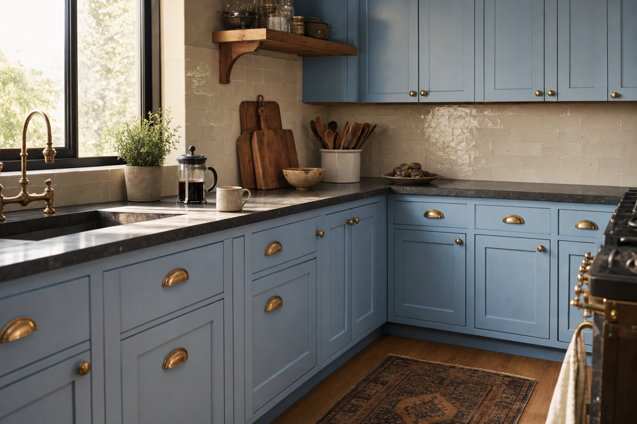 Blue Bayon by Benjamin Moore on cabinets