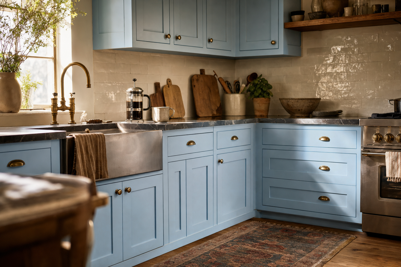 Sapphire by Benjamin Moore on cabinets