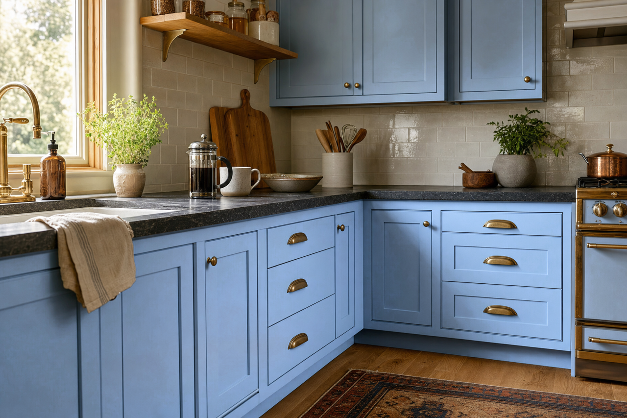 Aqua by Benjamin Moore on cabinets