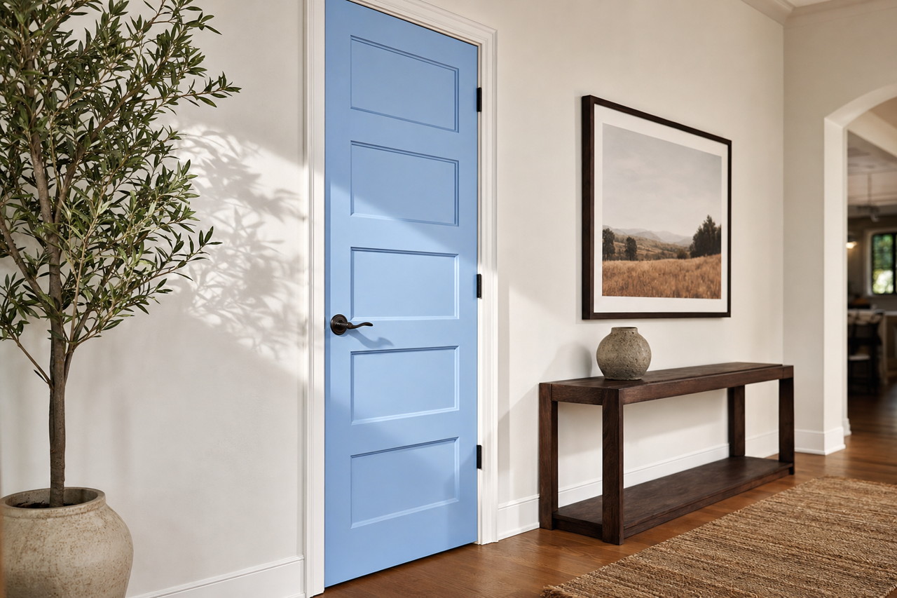 Aqua by Benjamin Moore on interior-doors