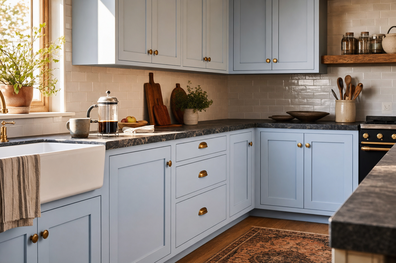 Misty by Benjamin Moore on cabinets