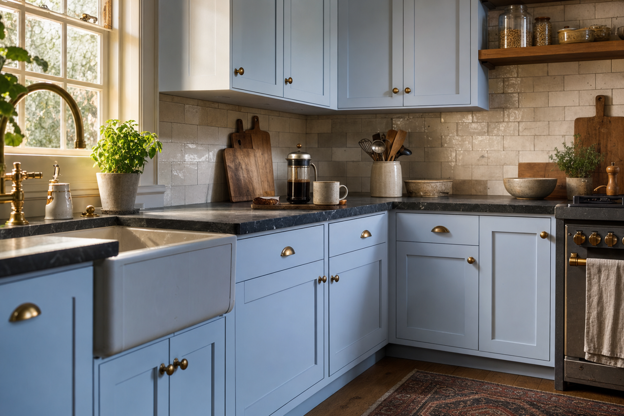Blue Ice by Benjamin Moore on cabinets
