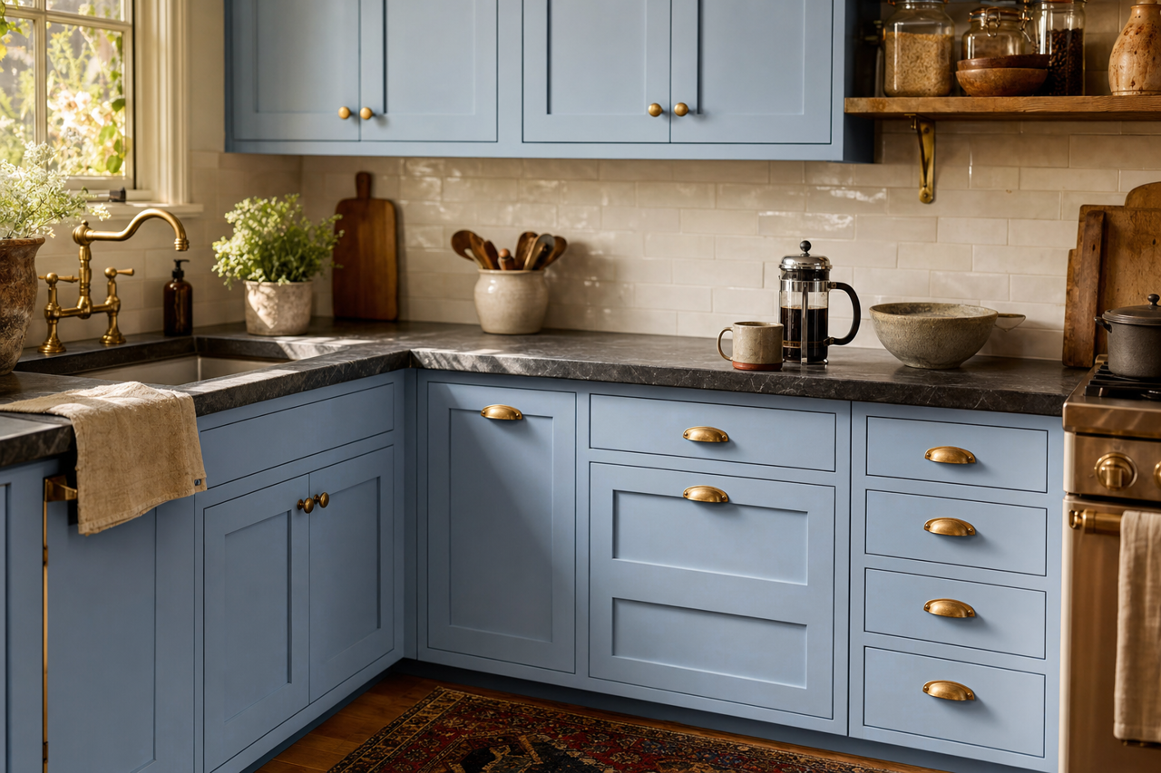 Riviera Azure by Benjamin Moore on cabinets
