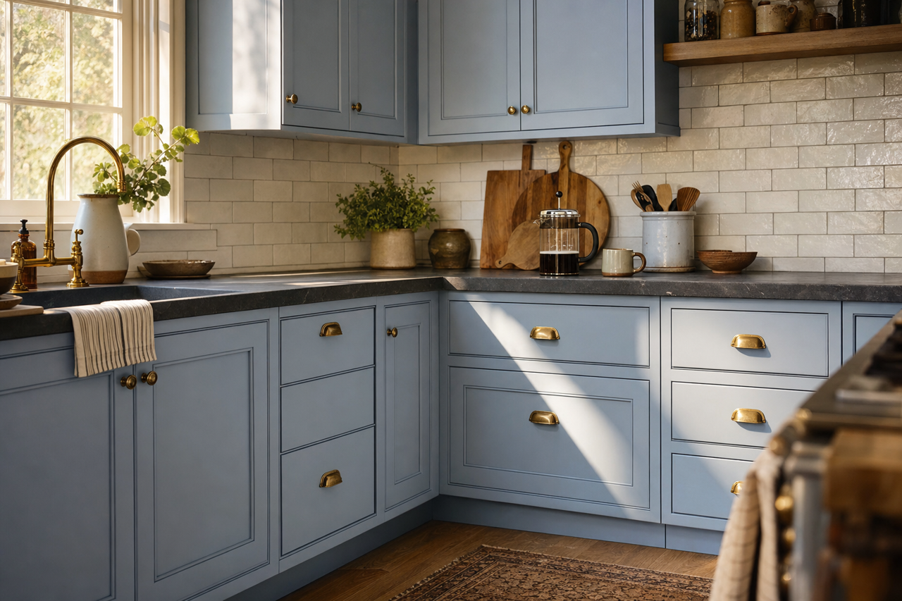 Harlequin by Benjamin Moore on cabinets