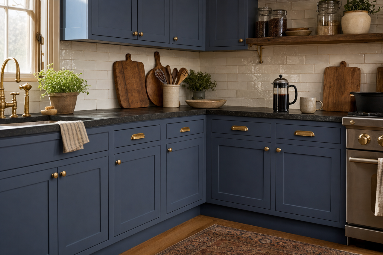 Kensington Blue by Benjamin Moore on cabinets