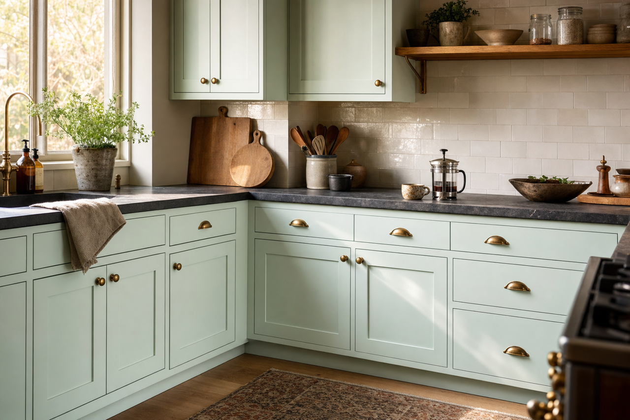 Lakeshore Green by Benjamin Moore on cabinets