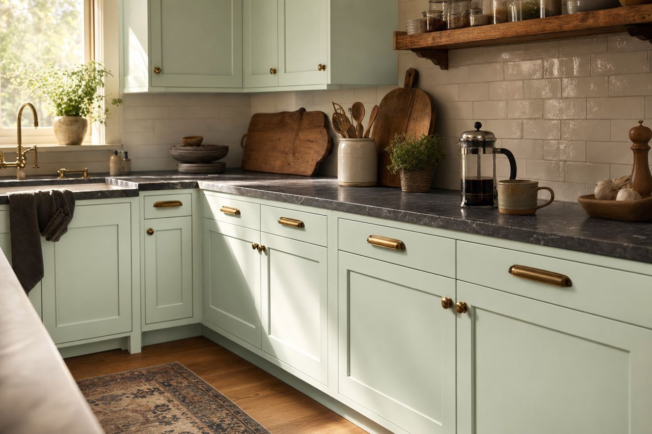 Carried Away by Benjamin Moore on cabinets