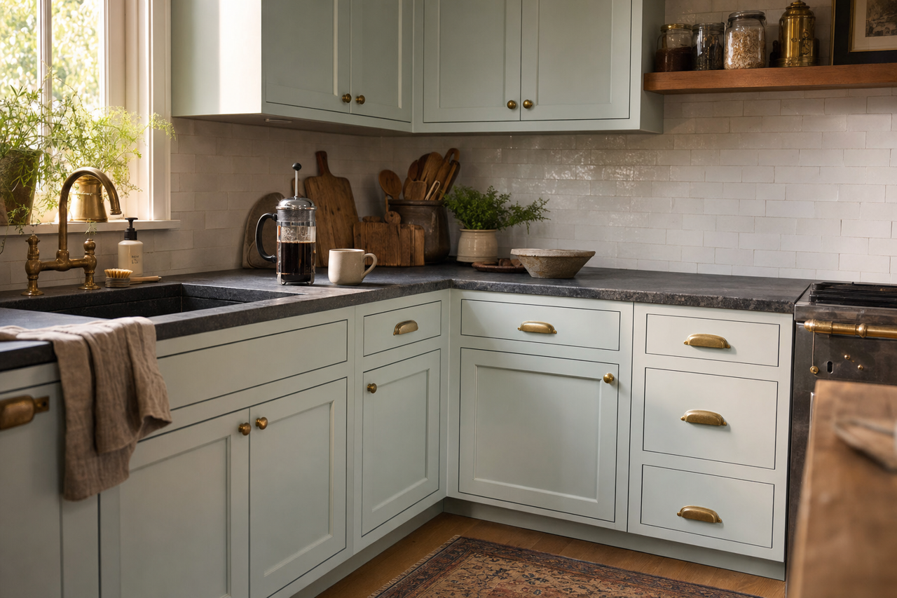 Mountain Mist by Benjamin Moore on cabinets