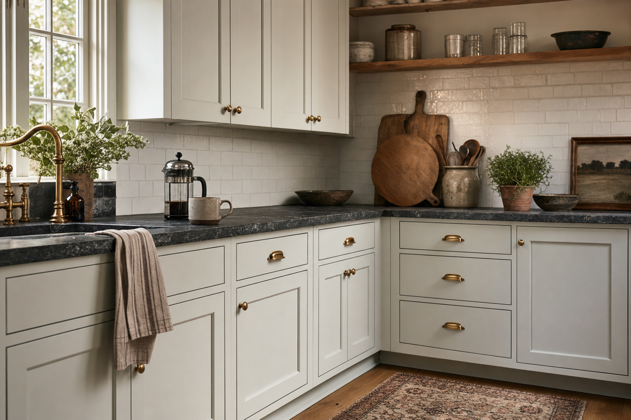 Fanfare by Benjamin Moore on cabinets