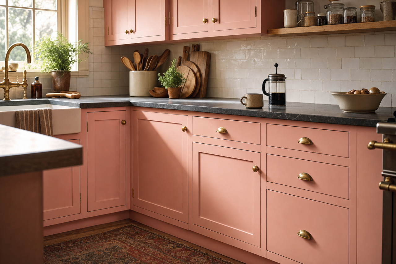 Pacific Grove Pink by Benjamin Moore on cabinets