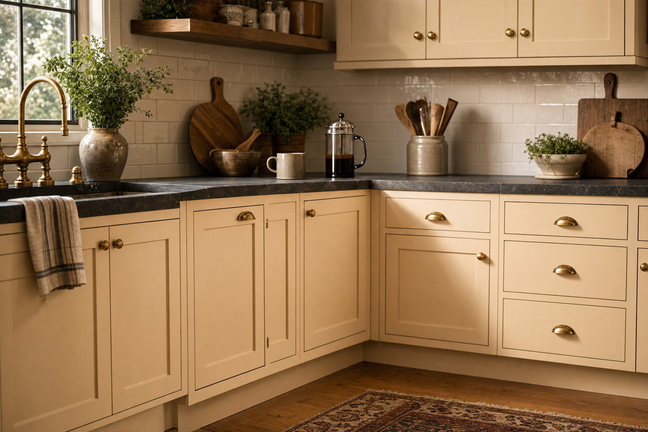 Antique White by Benjamin Moore on cabinets