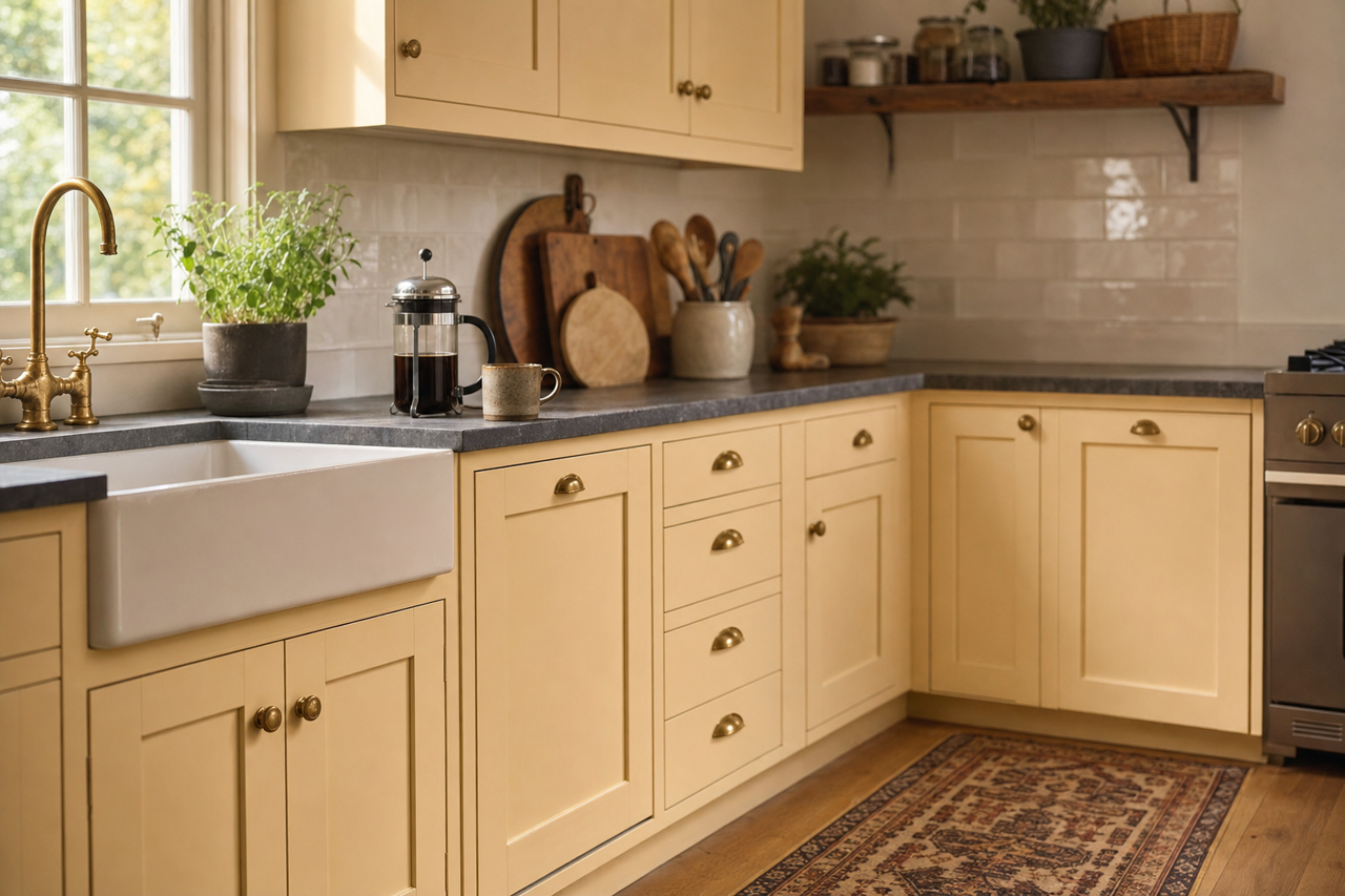 Honey Harbor by Benjamin Moore on cabinets