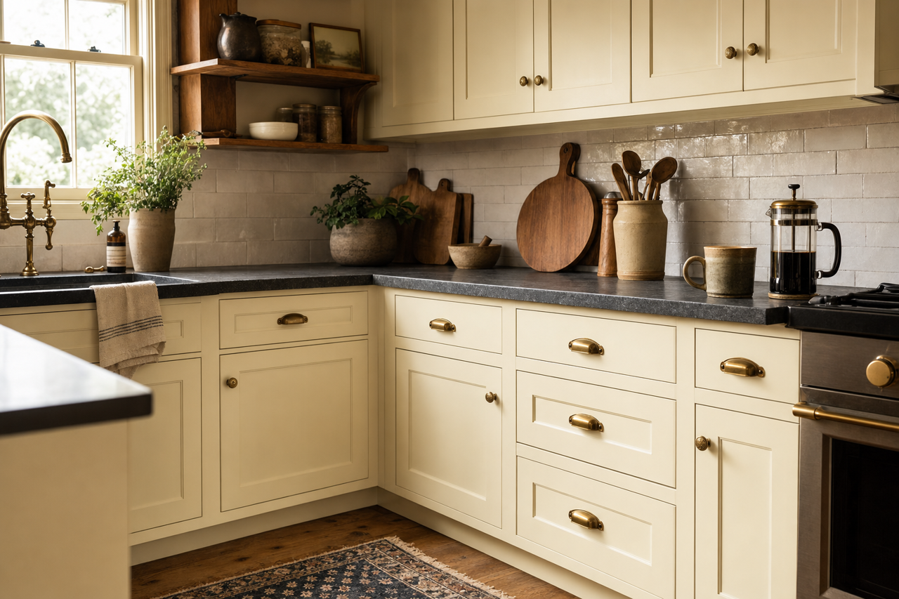 Meadow Mist by Benjamin Moore on cabinets
