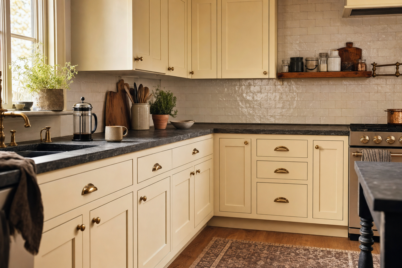 Palace White by Benjamin Moore on cabinets