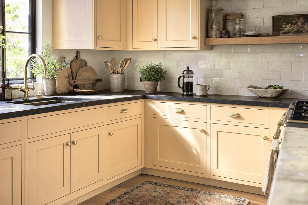 Papaya by Benjamin Moore on cabinets