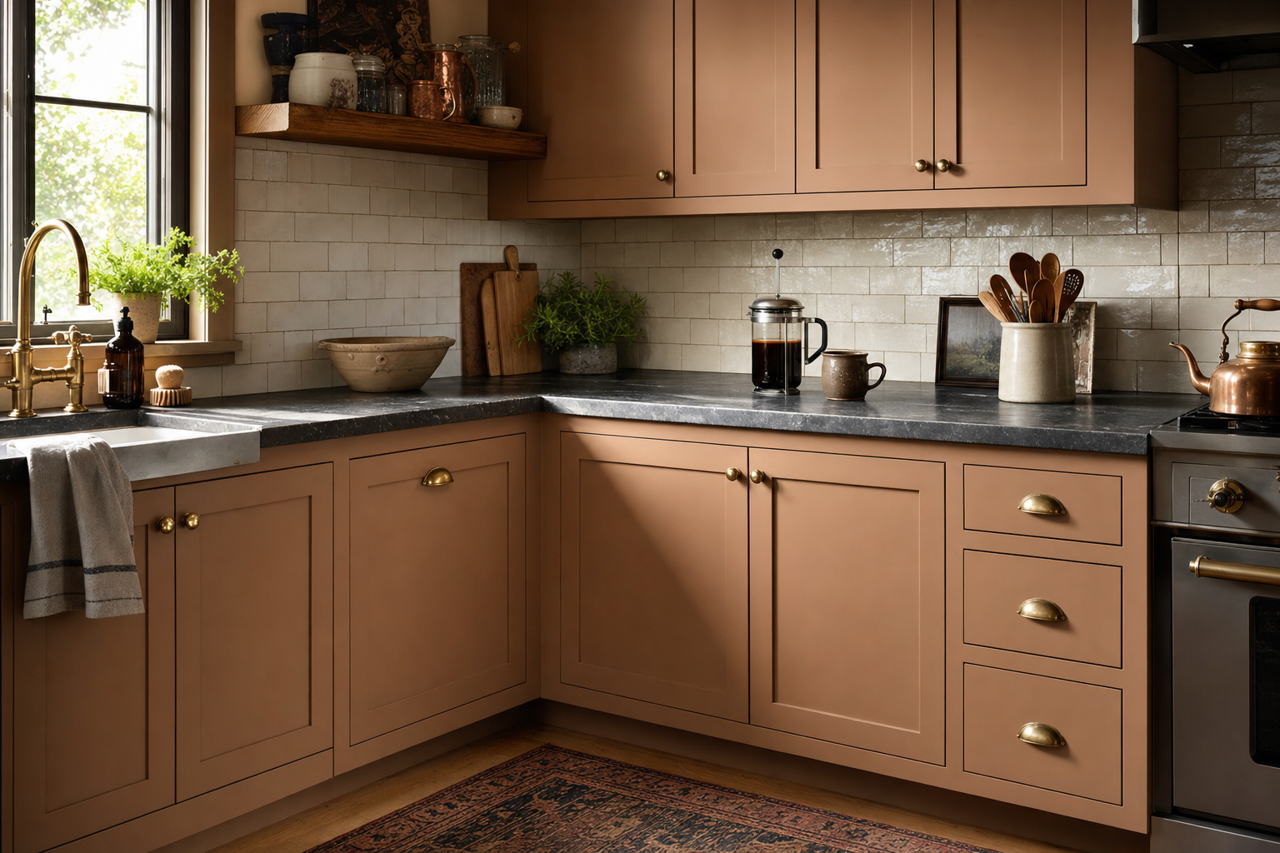 Ticonderoga Taupe by Benjamin Moore on cabinets