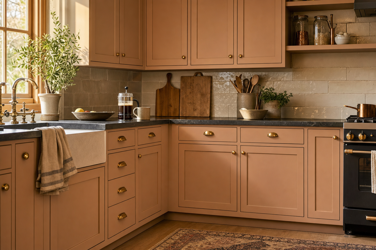 Mesa Verbe Tan by Benjamin Moore on cabinets