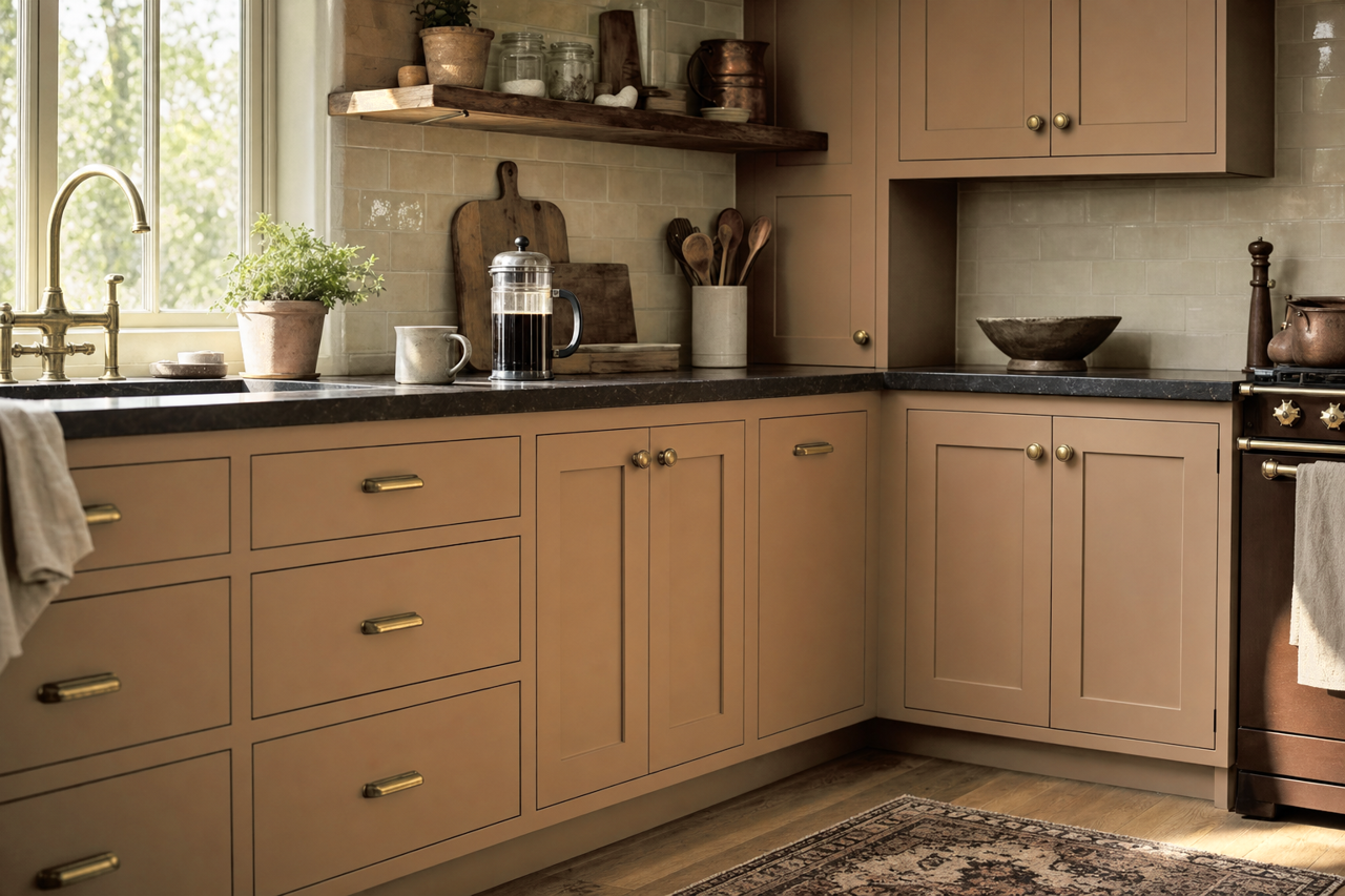 Coriander by Benjamin Moore on cabinets