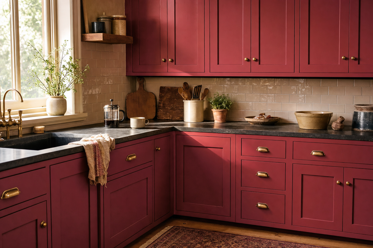 Pomegranate by Benjamin Moore on cabinets