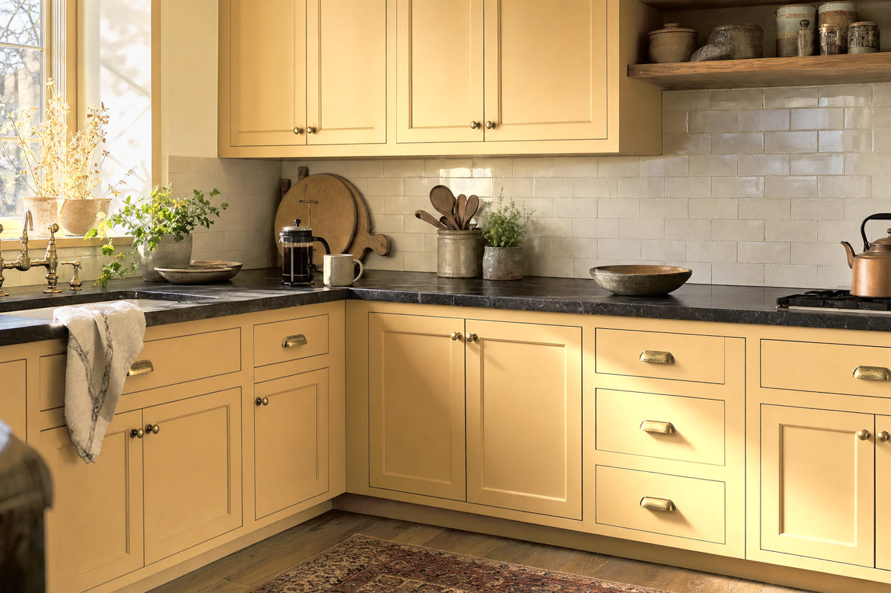Honeymoon by Benjamin Moore on cabinets
