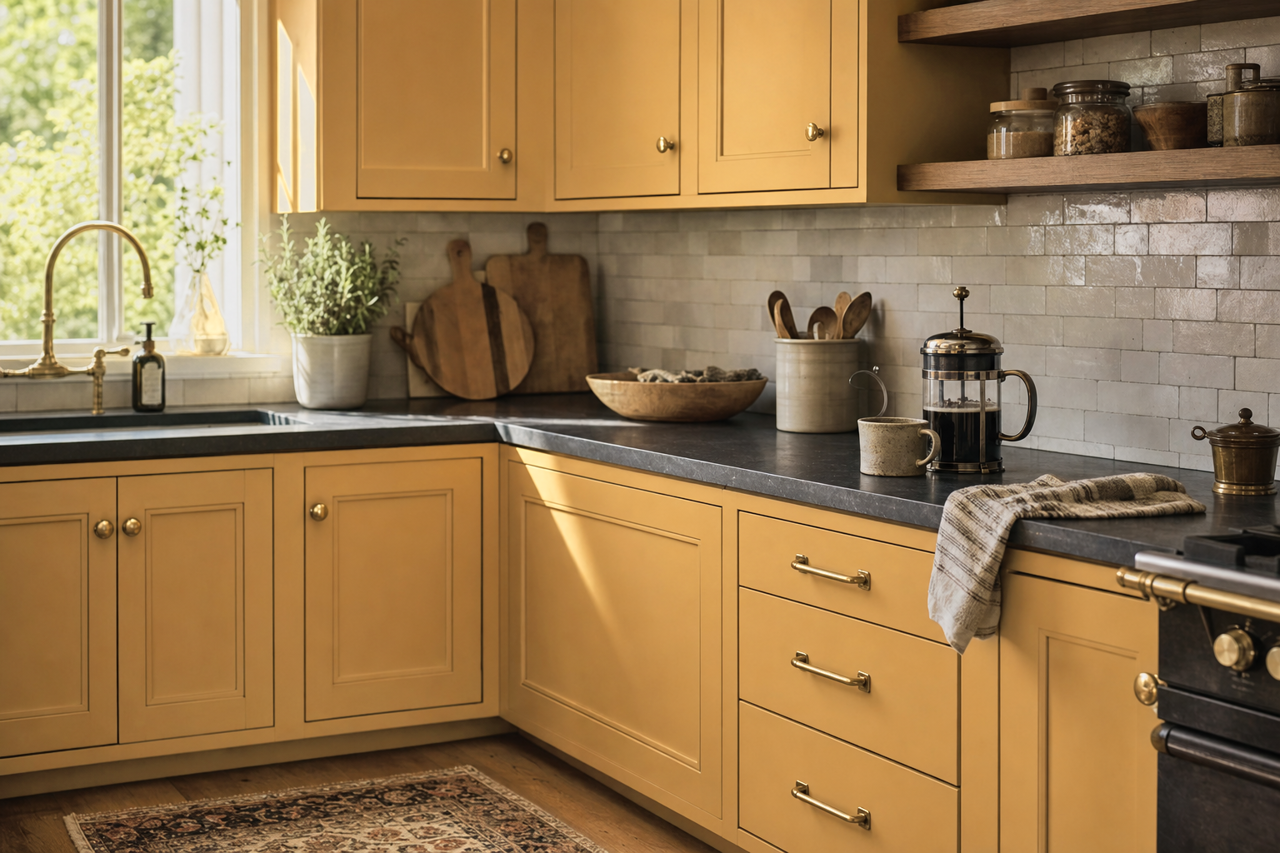 Kurkuma by Benjamin Moore on cabinets
