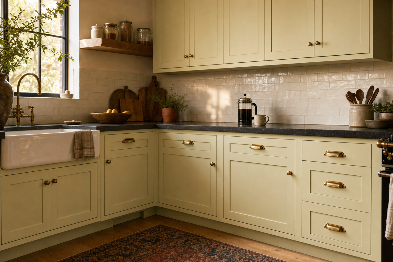 Spa by Benjamin Moore on cabinets