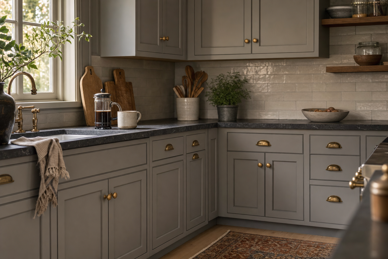 Cinder by Benjamin Moore on cabinets