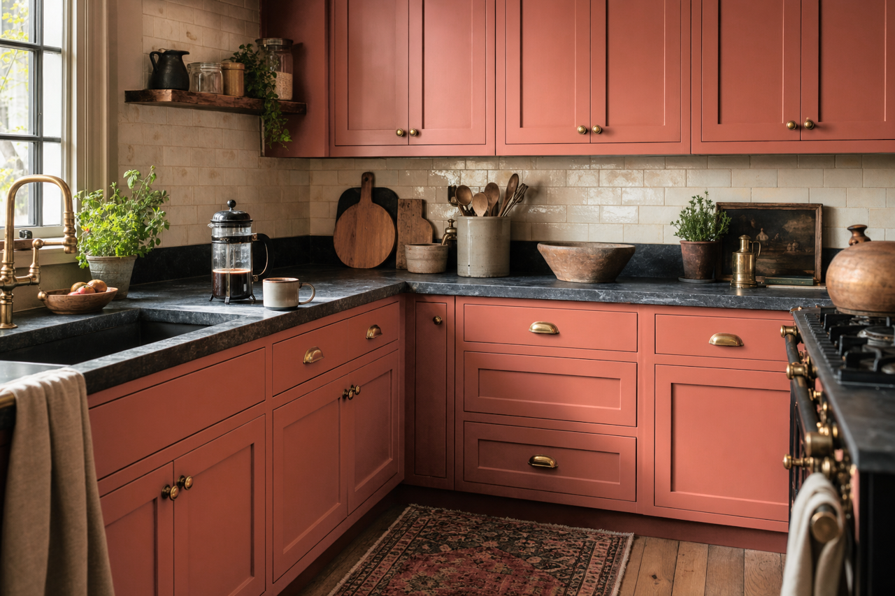 Red by Benjamin Moore on cabinets
