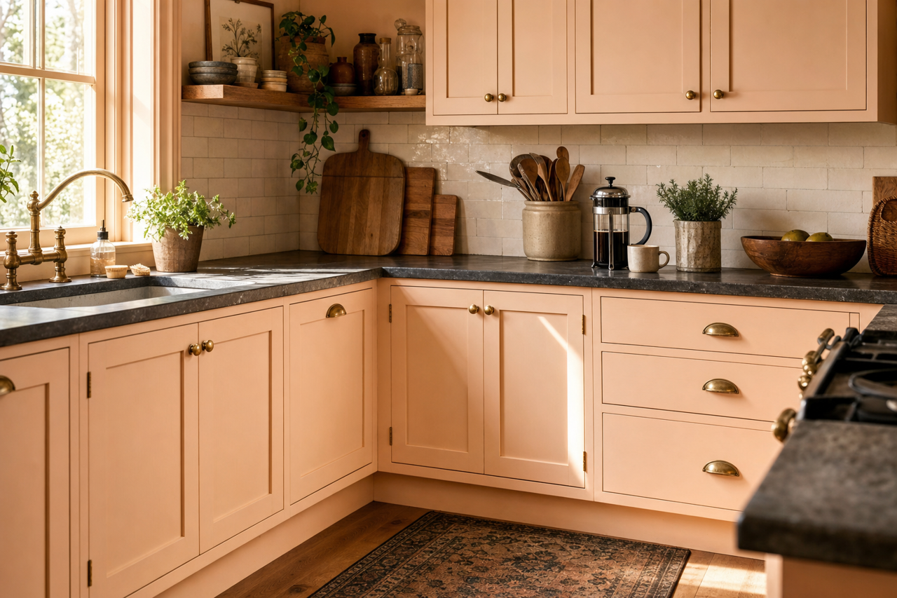 Pink by Benjamin Moore on cabinets