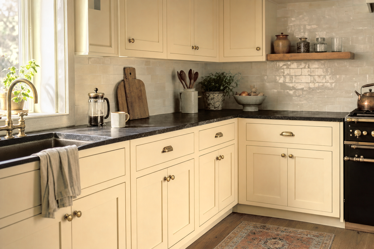 Vichyssoise by Benjamin Moore on cabinets