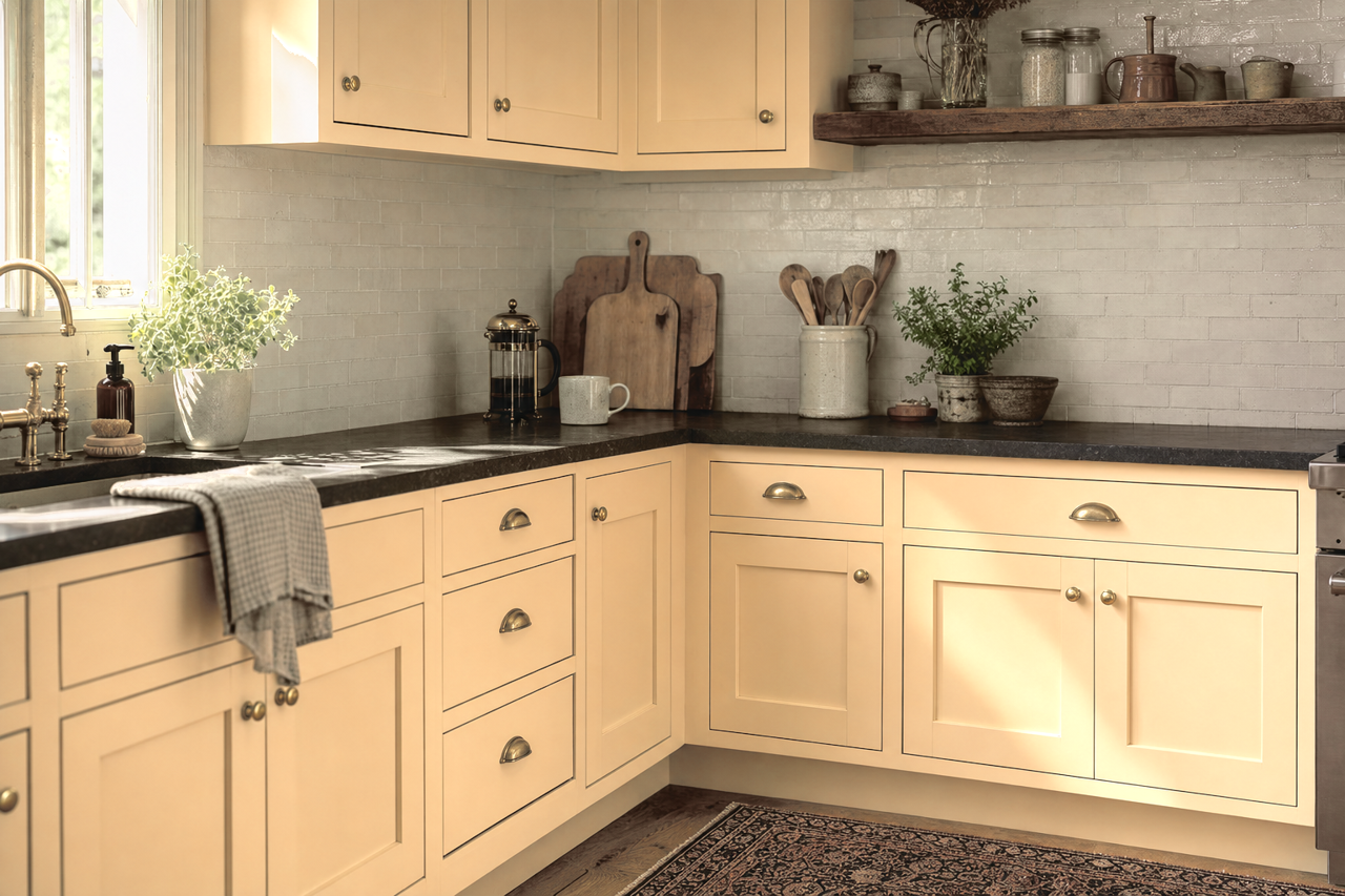 Papaya by Benjamin Moore on cabinets
