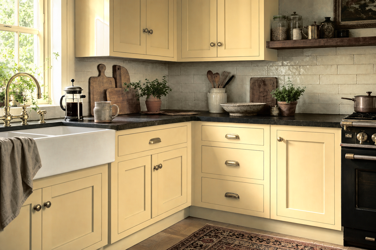 Butter by Benjamin Moore on cabinets